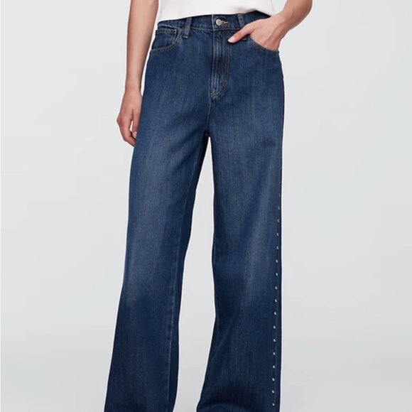 Gap High Rise SuperSoft Studded Wide-Leg Jeans Size 8, Dark Indigo - Picture 2 of 7